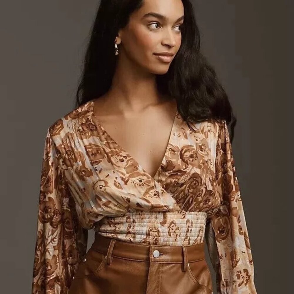 Anthropologie Tiny Valentina Long Sleeve Printed Surplice Blouse Top Size M NWT